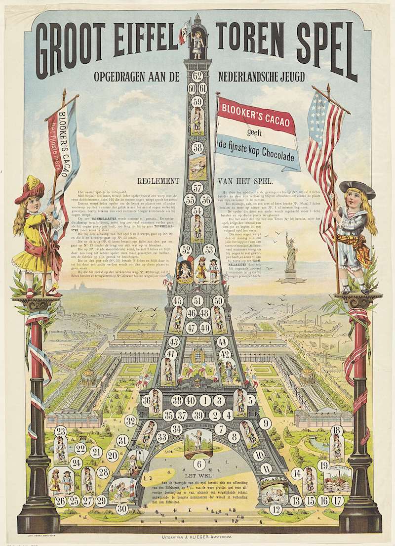 A Dutch Eiffel Tower board game promoting Blooker’s Cacao, c. 1889. Rijksmuseum. Public Domain.